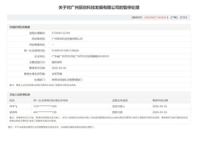 围标串标触碰军采红线辰创科技被暂停全军采购资格(图1)